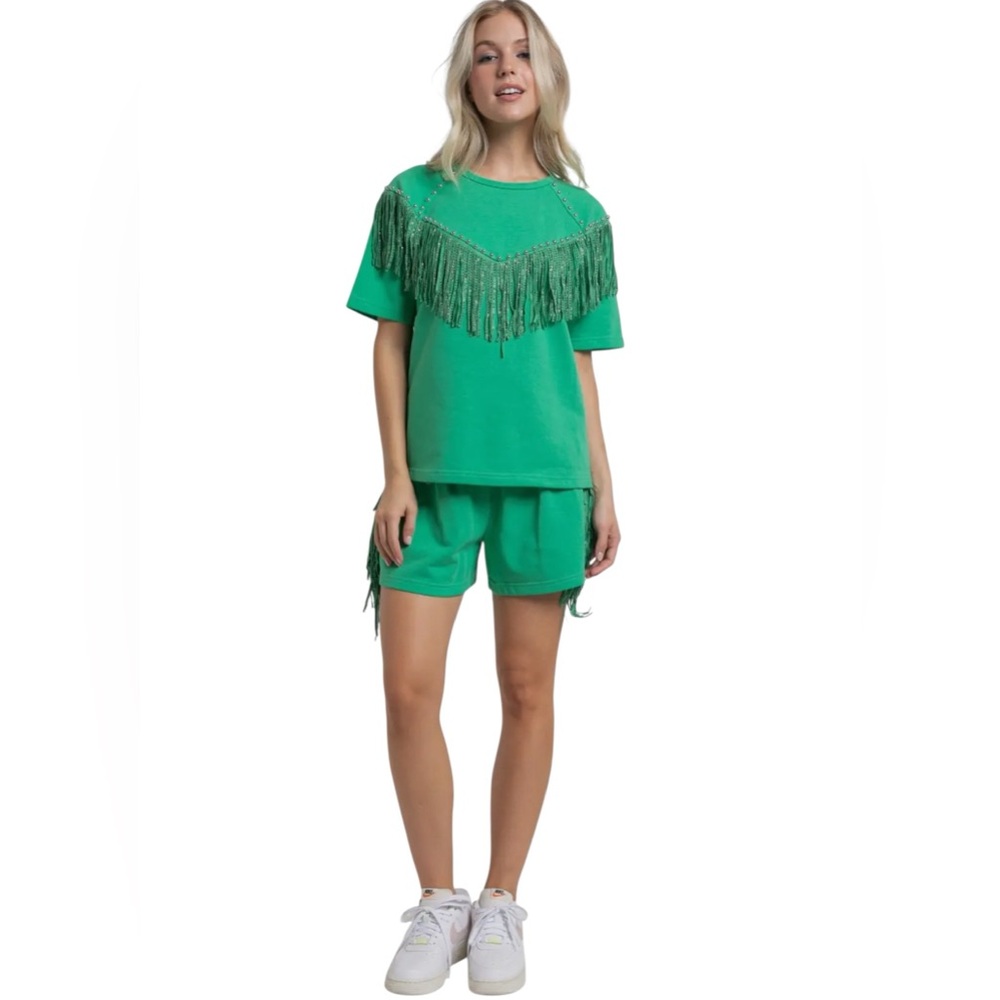 NEW blue b Mint Leaf Green Rhinestone Fringe Trim Comfy Western Terry T-shirt